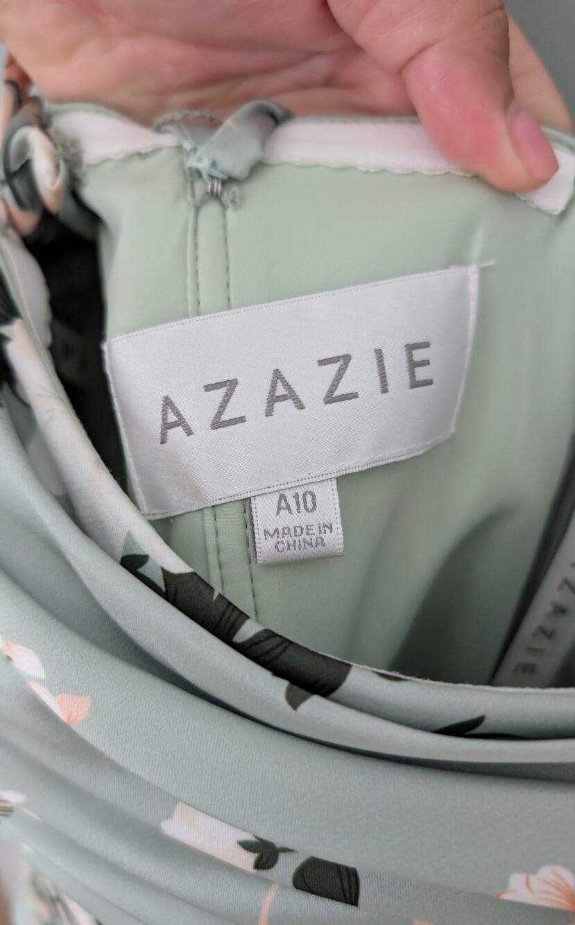 Azazie Sage Green Floral Satin Dress - Picture 3 of 7